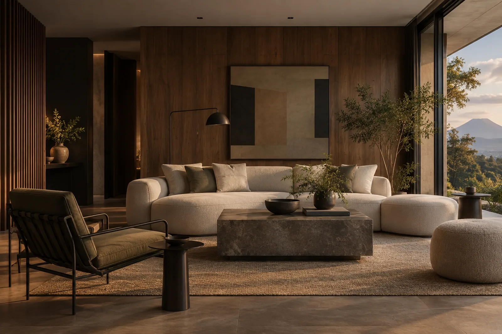 Sala contemporánea con madera oscura, sofá color marfil y vista hacia un volcán